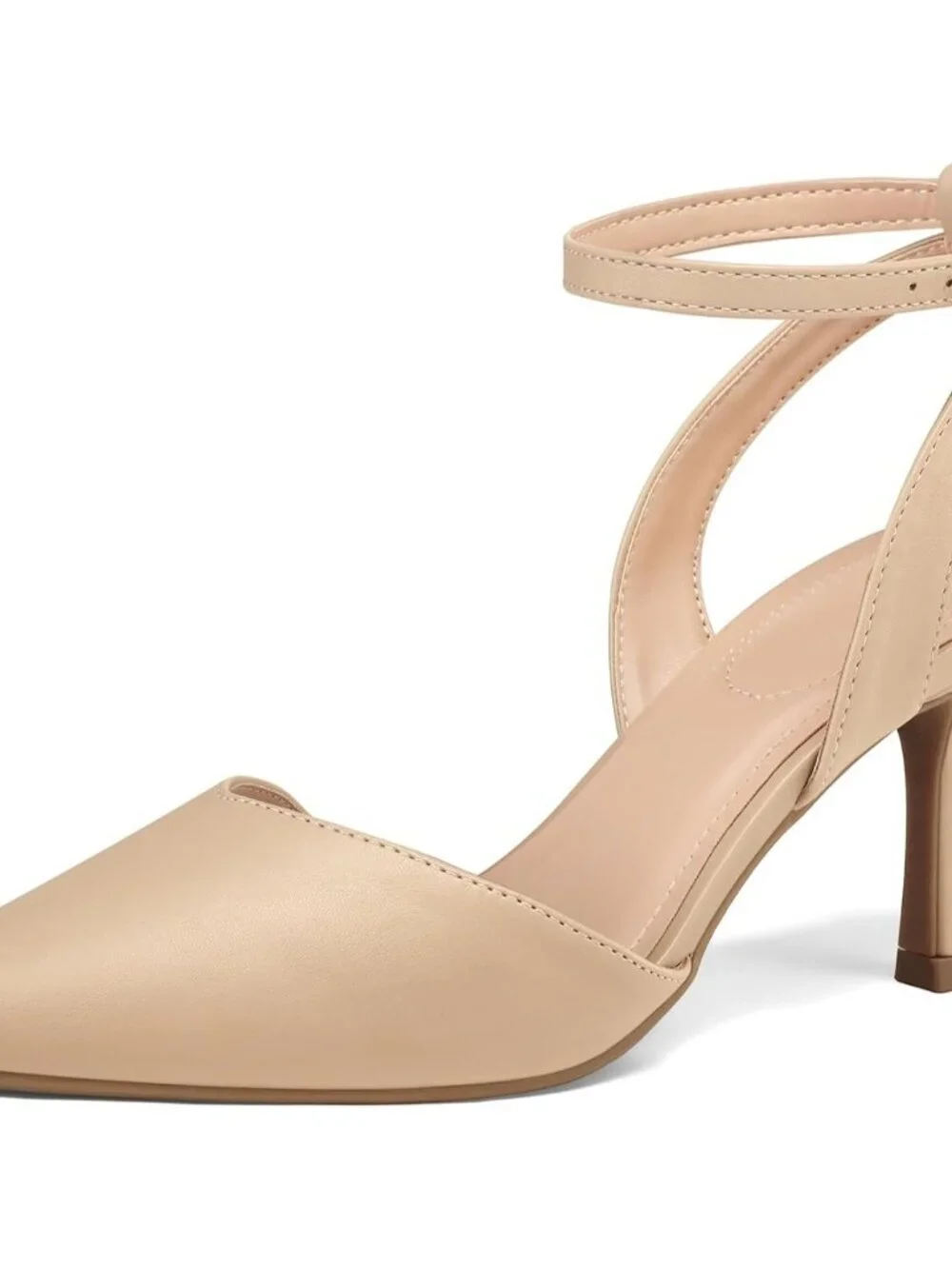 Women's Nude Pu Pumps Shoes Pointed Toe Kitten Low Heels Ankle Strap